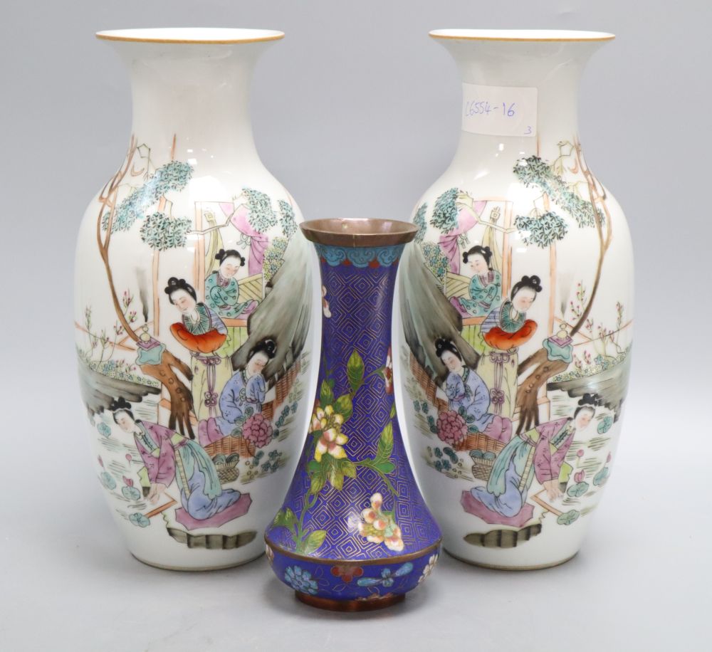 A pair of Chinese vases, height 28cm and a cloisonne vase